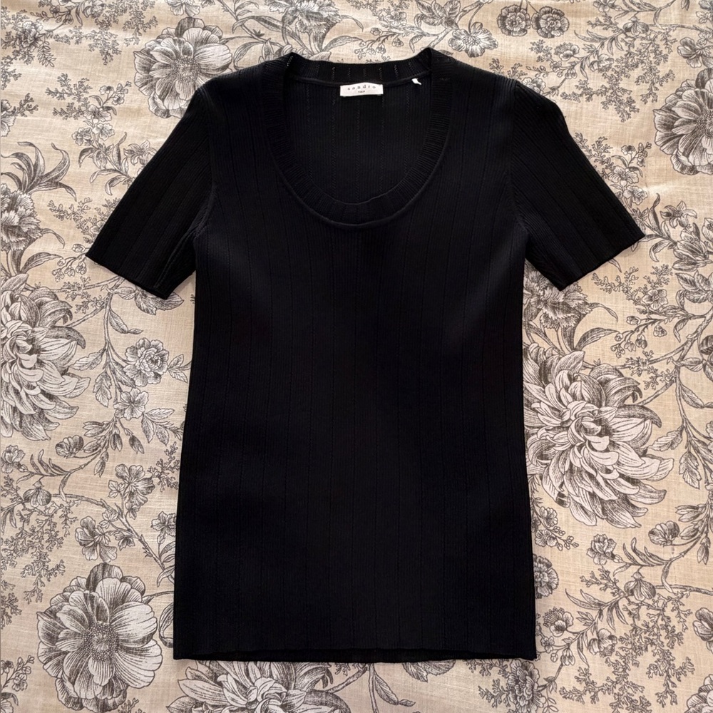 Sandro Paris Black Jaina Ribbed Knit Scoop Neck Top Size 4, US X-Large